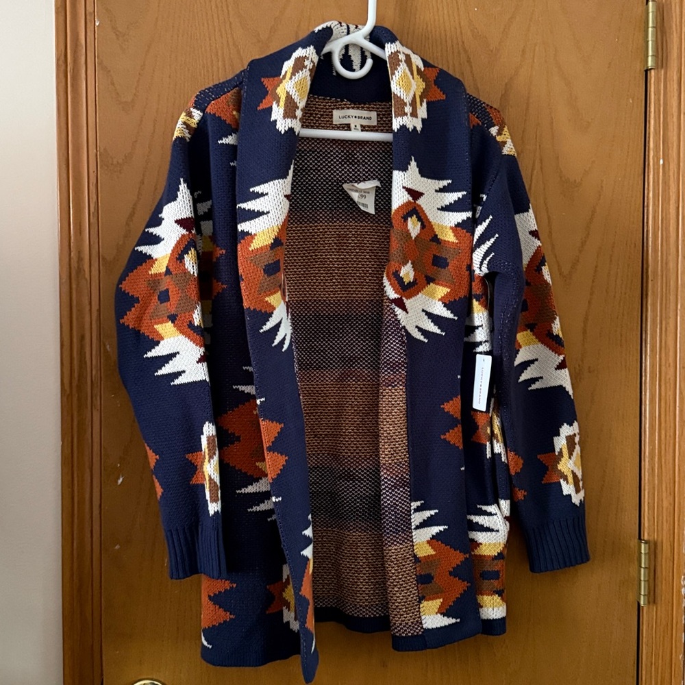 Lucky Brand Navy and Orange Patterned Sweater